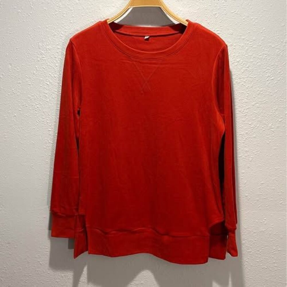 Fleece Crewneck Sweatshirt High Low Side Split Pullover Size M